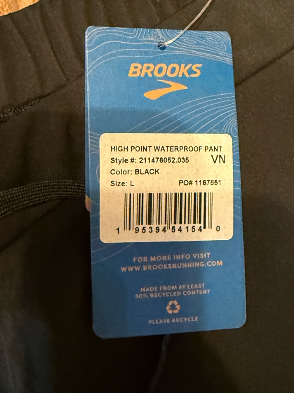 Brooks Black High Point Waterproof Pant Men's Jogger Pants with Reflective Logo - Picture 3 of 3